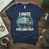 I Hate Pulling Out text with a camper and truck graphic on a navy t-shirt, featuring a vintage compass design