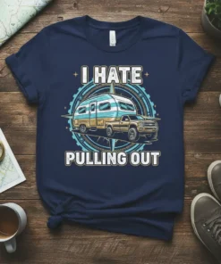 I Hate Pulling Out text with a camper and truck graphic on a navy t-shirt, featuring a vintage compass design