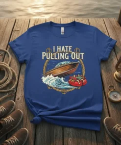 T-shirt with "I Hate Pulling Out" text and graphic of a wooden boat pulling tubes on water