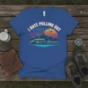 I Hate Pulling Out t-shirt design featuring a camper, SUV, mountains, and sunset graphic