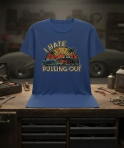 I Hate Pulling Out t-shirt design with vintage cars, palm trees, and sunset graphic