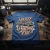 Blue t-shirt with "I HATE Pulling Out" text and a vintage tow truck graphic on a gear background