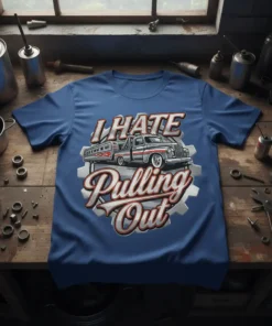 Blue t-shirt with "I HATE Pulling Out" text and a vintage tow truck graphic on a gear background