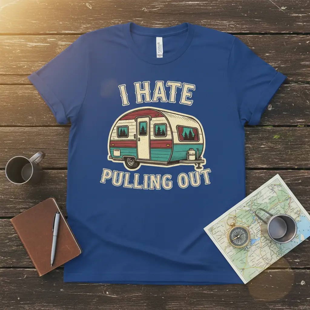 I Hate Pulling Out quote on a blue t-shirt with a vintage camper trailer illustration