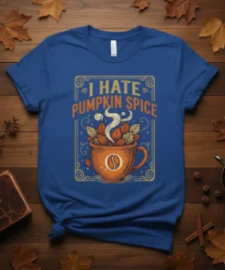 I Hate Pumpkin Spice text with steaming coffee cup graphic and autumn leaves design on a blue t-shirt