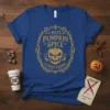 I Hate Pumpkin Spice Everything Halloween t-shirt design featuring a grinning pumpkin skull inside a golden ornate frame with bats