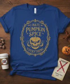 I Hate Pumpkin Spice Everything Halloween t-shirt design featuring a grinning pumpkin skull inside a golden ornate frame with bats