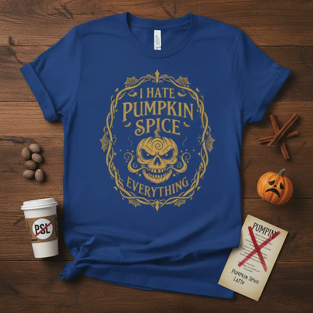 I Hate Pumpkin Spice Everything humorous quote t-shirt with a golden skull pumpkin design and spooky fall accents