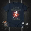 I Hate Running Running quote on a navy t-shirt with a white runner graphic and abstract explosion background