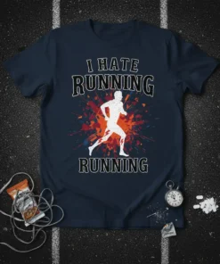 I Hate Running Running quote on a navy t-shirt with a white runner graphic and abstract explosion background