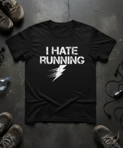 Black t-shirt with white distressed text that reads "I HATE RUNNING" and a white lightning bolt graphic below it