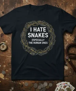 I HATE SNAKES ESPECIALLY THE HUMAN ONES quote on a black t-shirt, framed by a thorny vine wreath