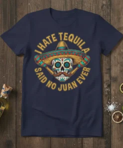 I Hate Tequila Said No Juan Ever funny Mexican sugar skull sombrero t-shirt design