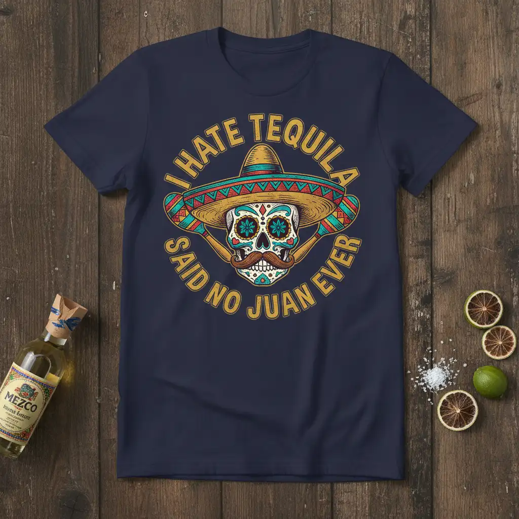 I Hate Tequila Said No Juan Ever quote on a festive Mexican sugar skull t-shirt