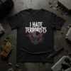 Black t-shirt with white text "I HATE TERRORISTS" above a grey skull with red glowing eyes and red lightning graphics