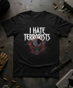 Black t-shirt with white text "I HATE TERRORISTS" above a grey skull with red glowing eyes and red lightning graphics