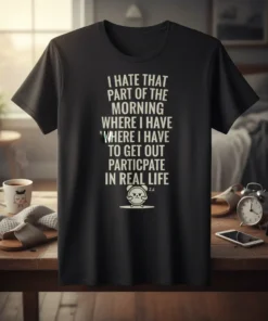 Black t-shirt with white text reading "I Hate That Part Of The Morning Where I Have Where I Have To