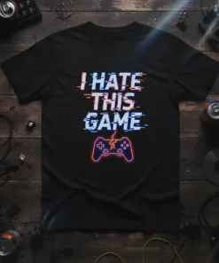 Black t-shirt with "I HATE THIS GAME" text in glitchy font and a cracked video game controller graphic