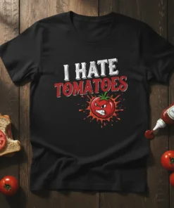 I Hate Tomatoes text design with an angry cartoon tomato graphic, available on a black t-shirt