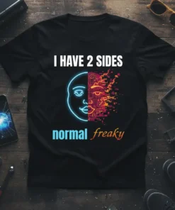 I HAVE 2 SIDES normal freaky quote on black t-shirt with split face graphic