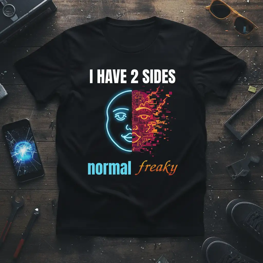 I HAVE 2 SIDES normal freaky quote with split face design on a black shirt
