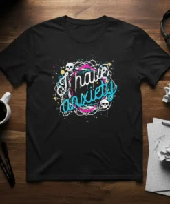 I have anxiety text design with graffiti style, skulls, and colorful splatters on a black t-shirt