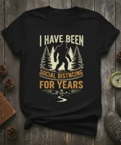 Black t-shirt with "I Have Been Social Distncing For Years" text and Bigfoot graphic amidst pine trees and mountains