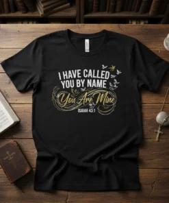 Christian t-shirt with "I HAVE CALLED YOU BY NAME You Are Mine ISAIAH 43:1" text and flying doves design