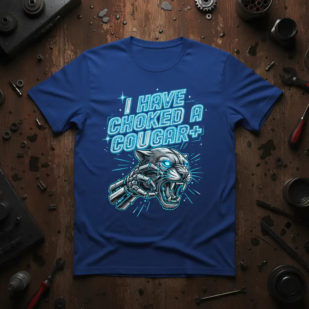 I Have Choked A Cougar+ text with a robotic cougar head graphic on a blue t-shirt