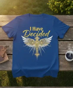 Blue t-shirt with gold text "I Have Decided" above a golden cross with wings design