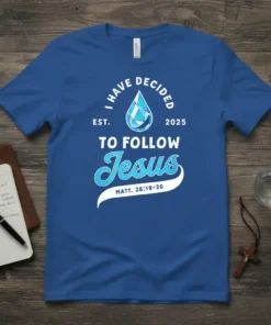 Blue t-shirt with "I HAVE DECIDED TO FOLLOW Jesus" text and a diamond-like water drop graphic, scripture reference Matt. 28:19-20