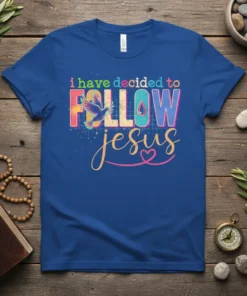 Christian t-shirt with the quote "i have decided to FOLLOW jesus" and a colorful dove graphic