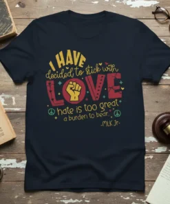 Dark t-shirt with the quote "I HAVE decided to stick with LOVE hate is too great a burden to bear."