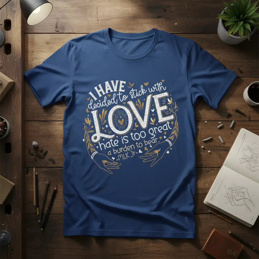 I HAVE decided to stick with LOVE quote from MLK Jr. printed in white and gold on a navy blue t-shirt