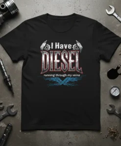 I Have DIESEL running through my veins text with distressed font and engine graphic on a black t-shirt