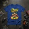 I HAVE EXPLOSIVE DIARRHEA AND A BONER text with muscular cartoon character graphic on a blue t-shirt