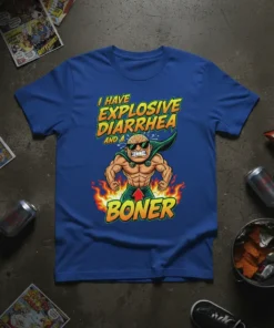 I HAVE EXPLOSIVE DIARRHEA AND A BONER text with muscular cartoon character graphic on a blue t-shirt
