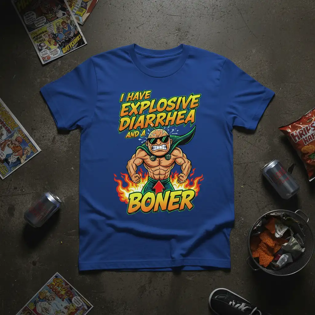 I HAVE EXPLOSIVE DIARRHEA AND A BONER text design with muscular superhero cartoon character graphic on blue tee