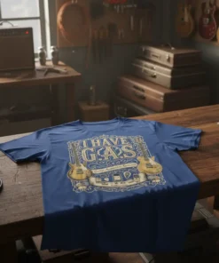 I HAVE G.A.S. Guitar Acquisition Syndrome text with vintage guitars graphic on a blue t-shirt