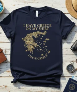 Navy blue t-shirt with gold text "I HAVE GREECE ON MY SHIRT" and a detailed gold map of Greece below