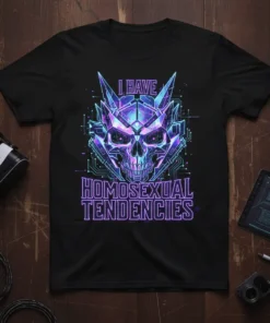 Cyberpunk skull graphic t-shirt with text "I Have Homosexual Tendencies" in neon purple and blue