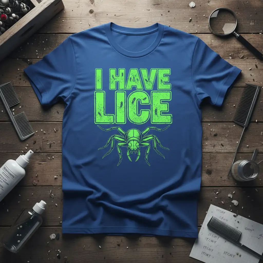 I Have Lice humorous quote with a distressed green insect graphic on a blue t-shirt