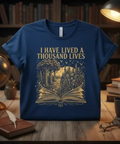 I Have Lived A Thousand Lives quote with an open book, forest, and city graphic on a navy blue t-shirt