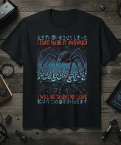 I HAVE MADE IT AWKWARD I WILL BE TAKING MY LEAVE t-shirt with a large spider surrounded by eyes and