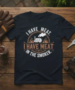 Black t-shirt with "I Have Meat. I Have Meat In The Smoker." text and a smoker graphic, featuring flames and