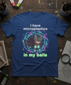 I have microplastics in my balls cat t-shirt with a tabby cat wearing goggles and glowing boots surrounded by swirling