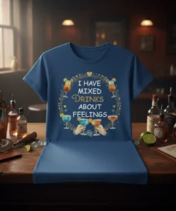 I Have Mixed Drinks About Feelings quote on a navy blue t-shirt with cocktail graphics, featuring a wreath design and
