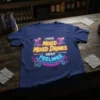 Navy t-shirt with neon text quote "I Have Mixed Mixed Drinks About Feelings" featuring cocktail graphics and cubes