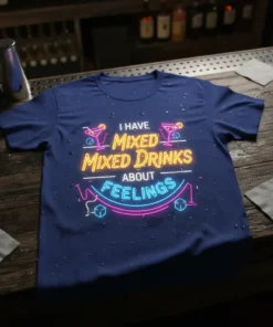 Navy t-shirt with neon text quote "I Have Mixed Mixed Drinks About Feelings" featuring cocktail graphics and cubes