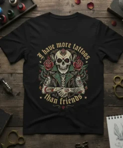 T-shirt featuring a skull with tattoos, roses, and the quote "I have more tattoos than friends"